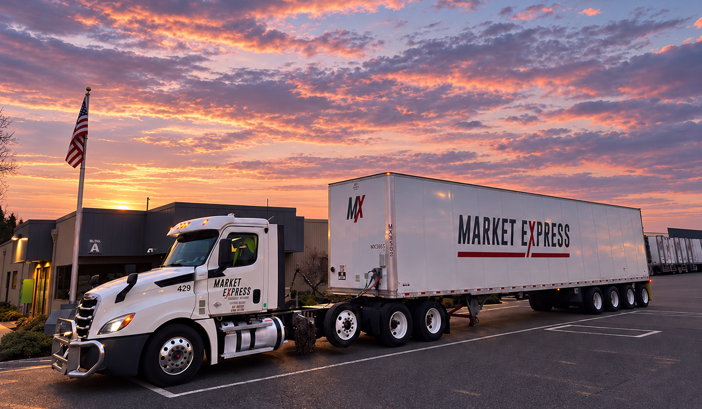 Market Express tractor-trailer parked outside a terminal beneath a pink and orange sky.